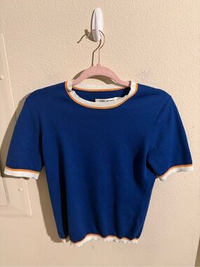 Tory Sport Knit Short Sleeve Sweater Blue Orange White Trim Women’s Medium